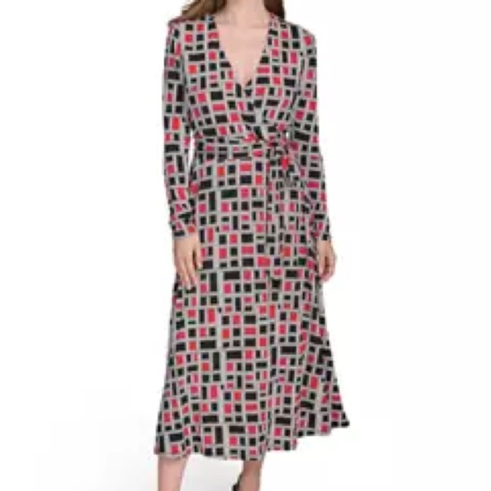 H By Halston V-Neck Faux Wrap Dress Red Black Geometric Print Long Sleeve Nwt 6